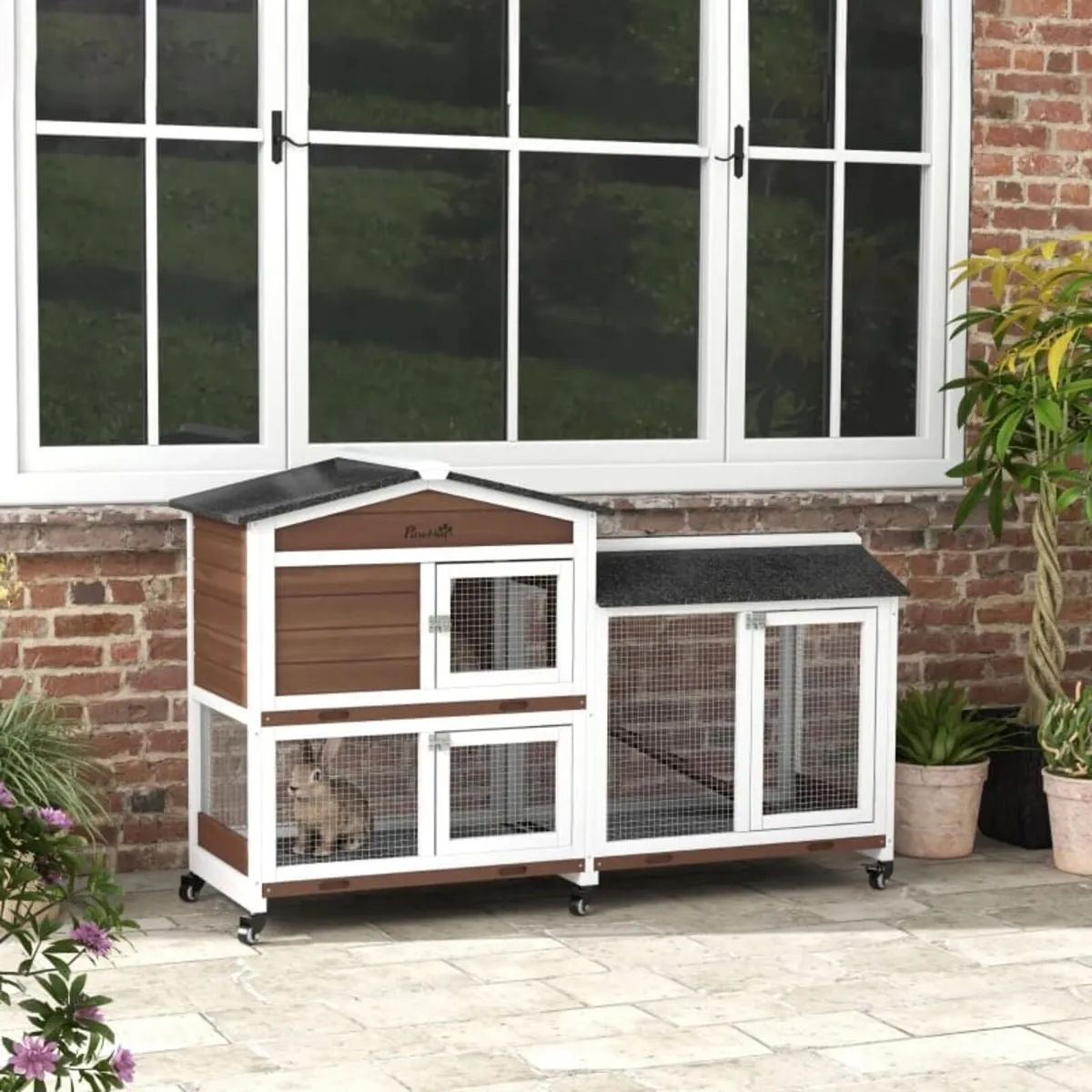 Wooden Two-Tier Pet Hutch with Wheels, Run - Brown - Image 4