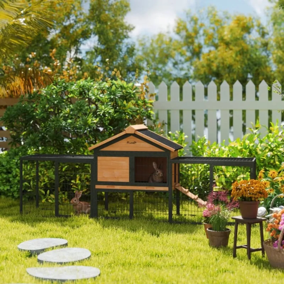 Wooden Rabbit Hutch Outdoor with Steel Run, Wooden - Image 2