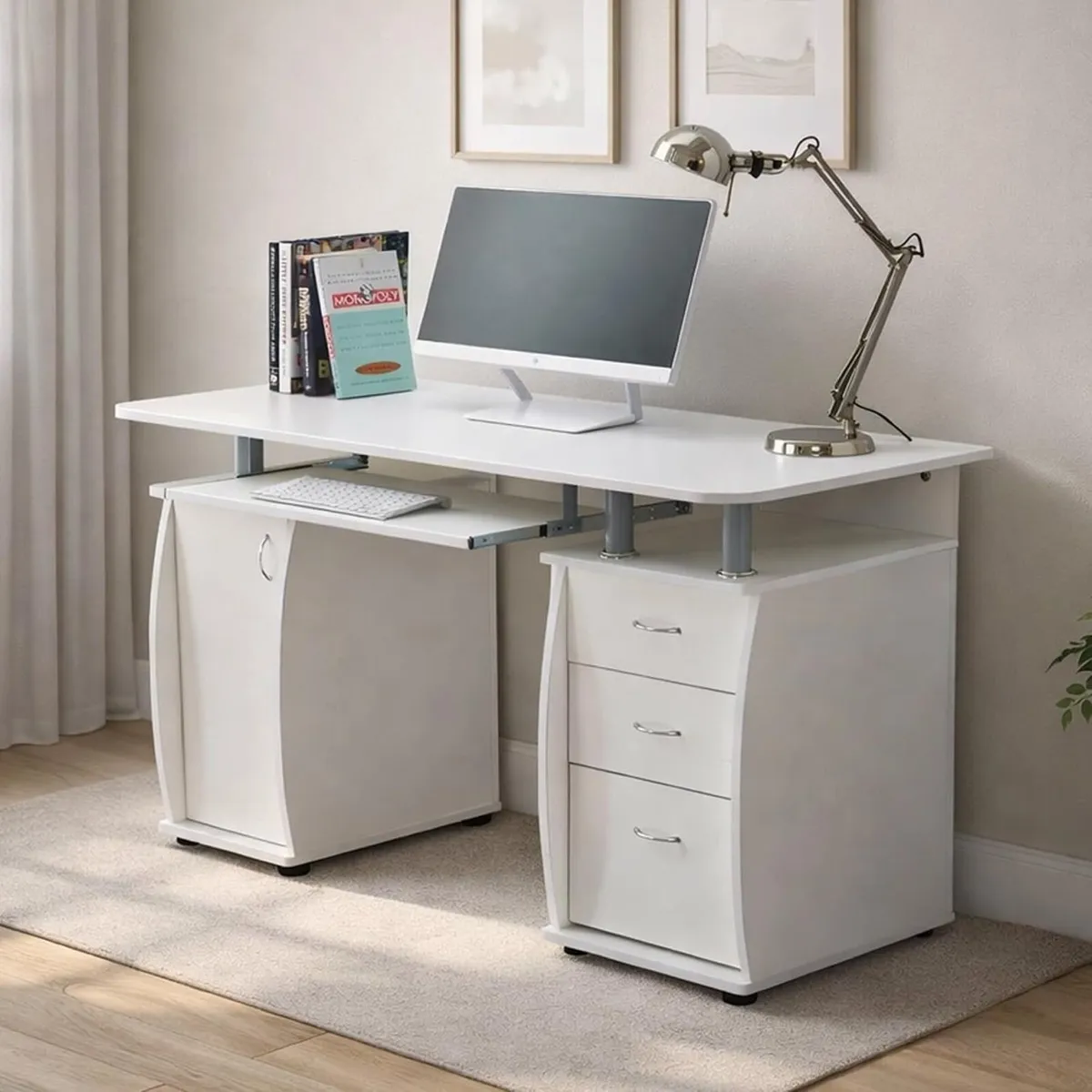 Computer Desk with 3 Drawers Cupboard Keyboard - Image 1