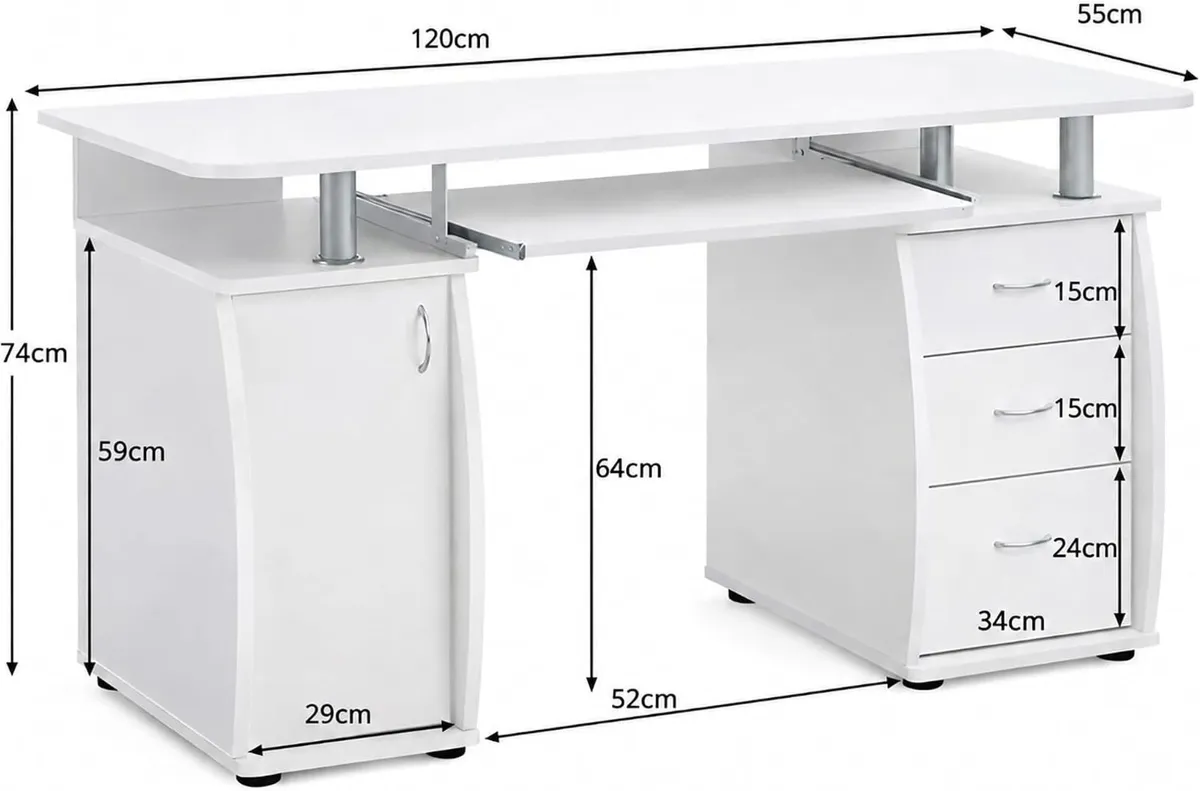Computer Desk with 3 Drawers Cupboard Keyboard - Image 2