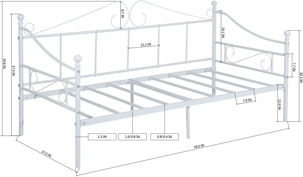 Metal Day Bed Frame with Headboard and Slatted - Image 2