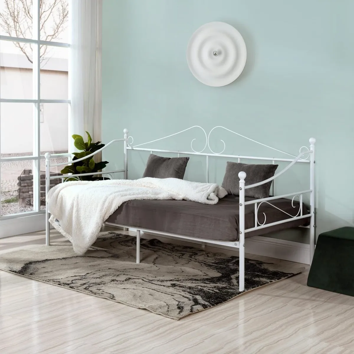 Metal Day Bed Frame with Headboard and Slatted - Image 1