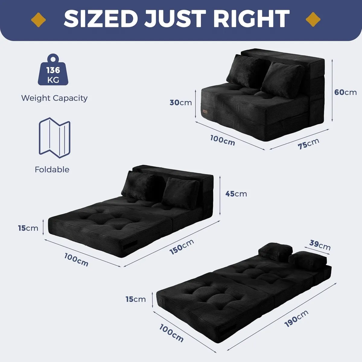 Folding Foam Sofa Bed Tri-Fold Mattress - Image 2