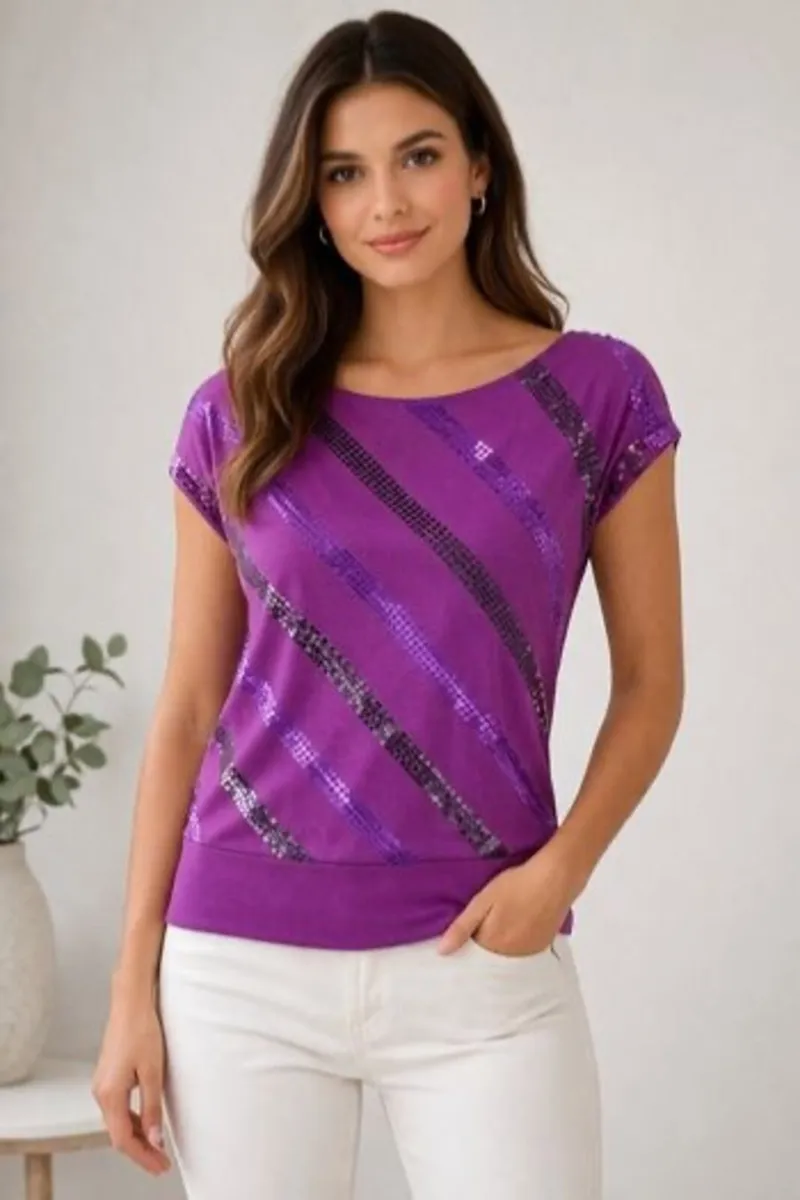 Ladies Purple Sequin Top: Size 8  Good condition - Image 1