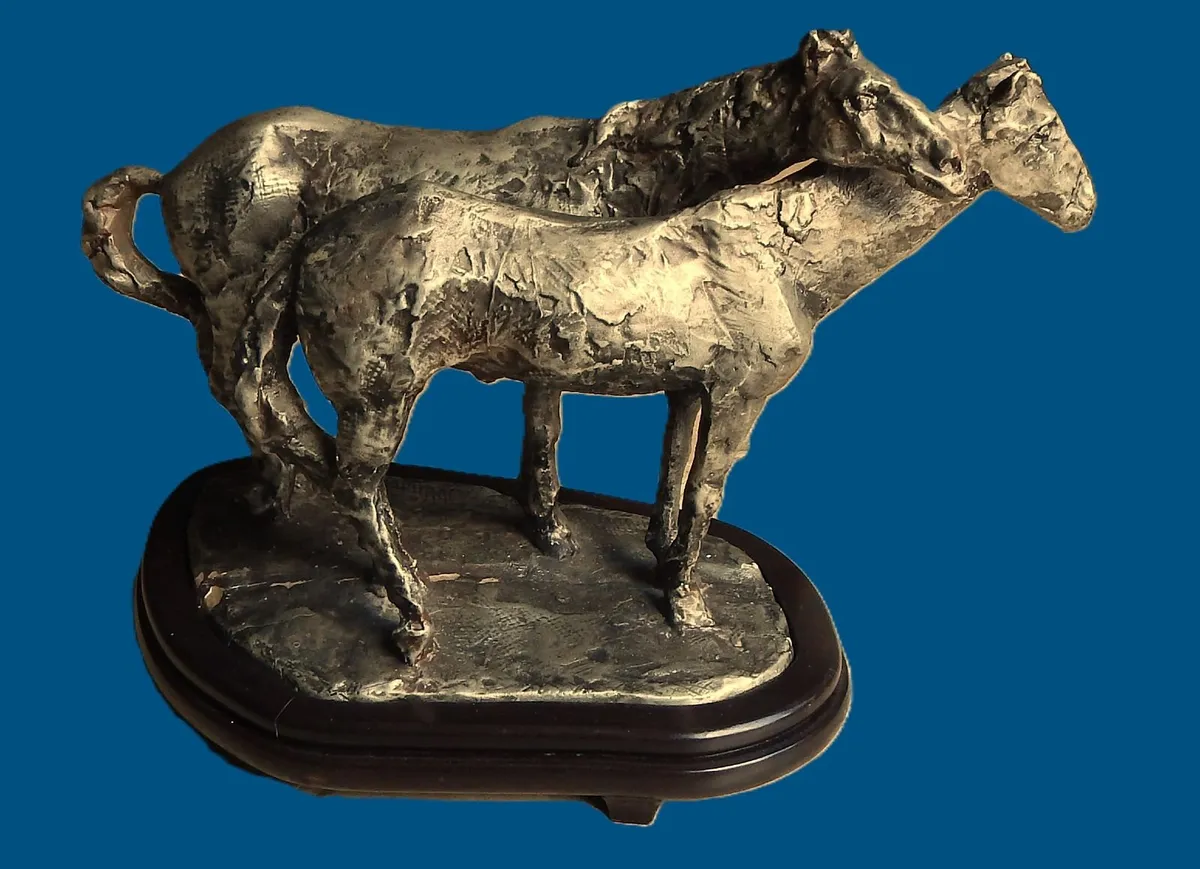 Artwork Figurines of Horses on Wood Base - Image 1