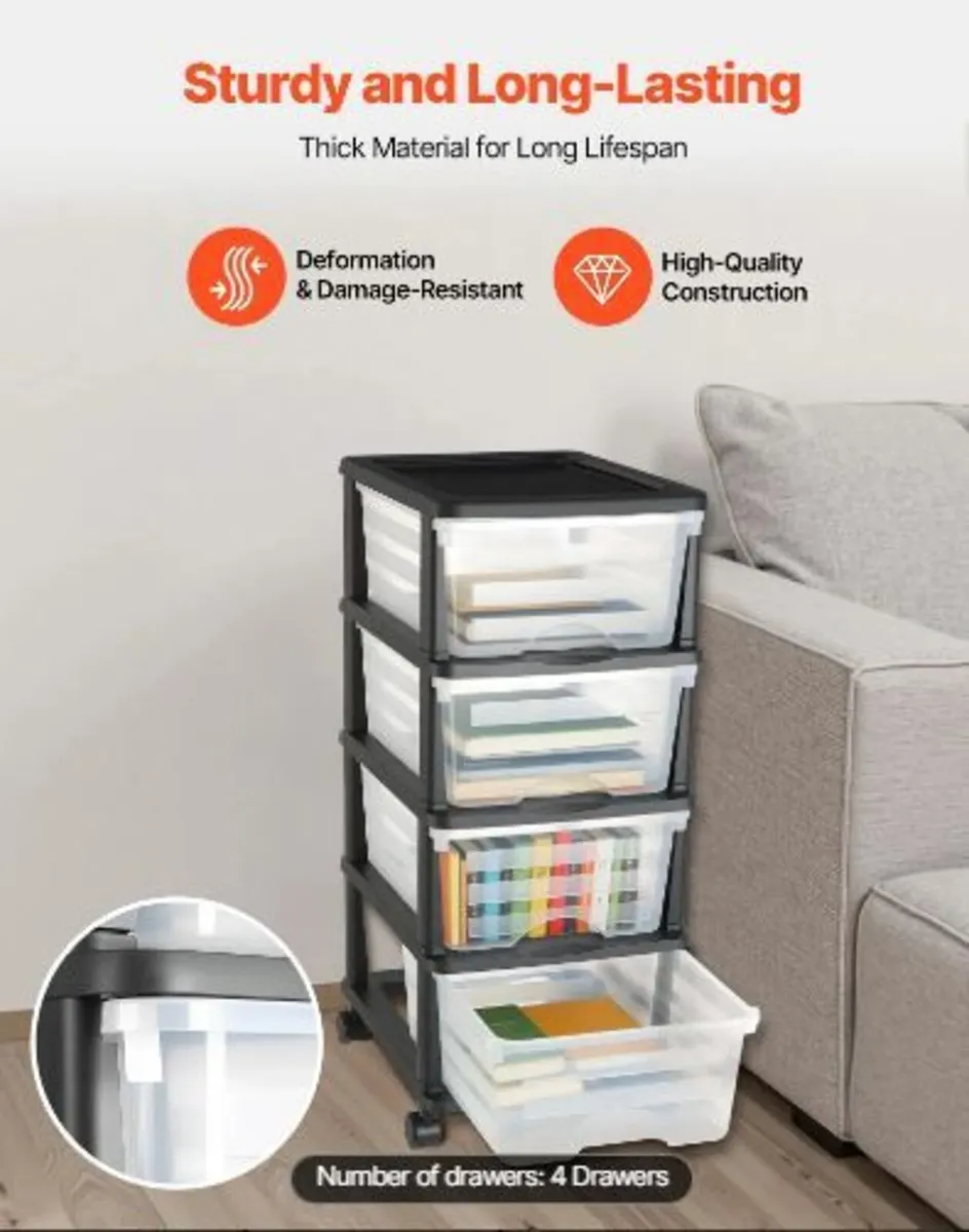 Plastic Storage Drawers Cart, 4 Drawers - Image 1