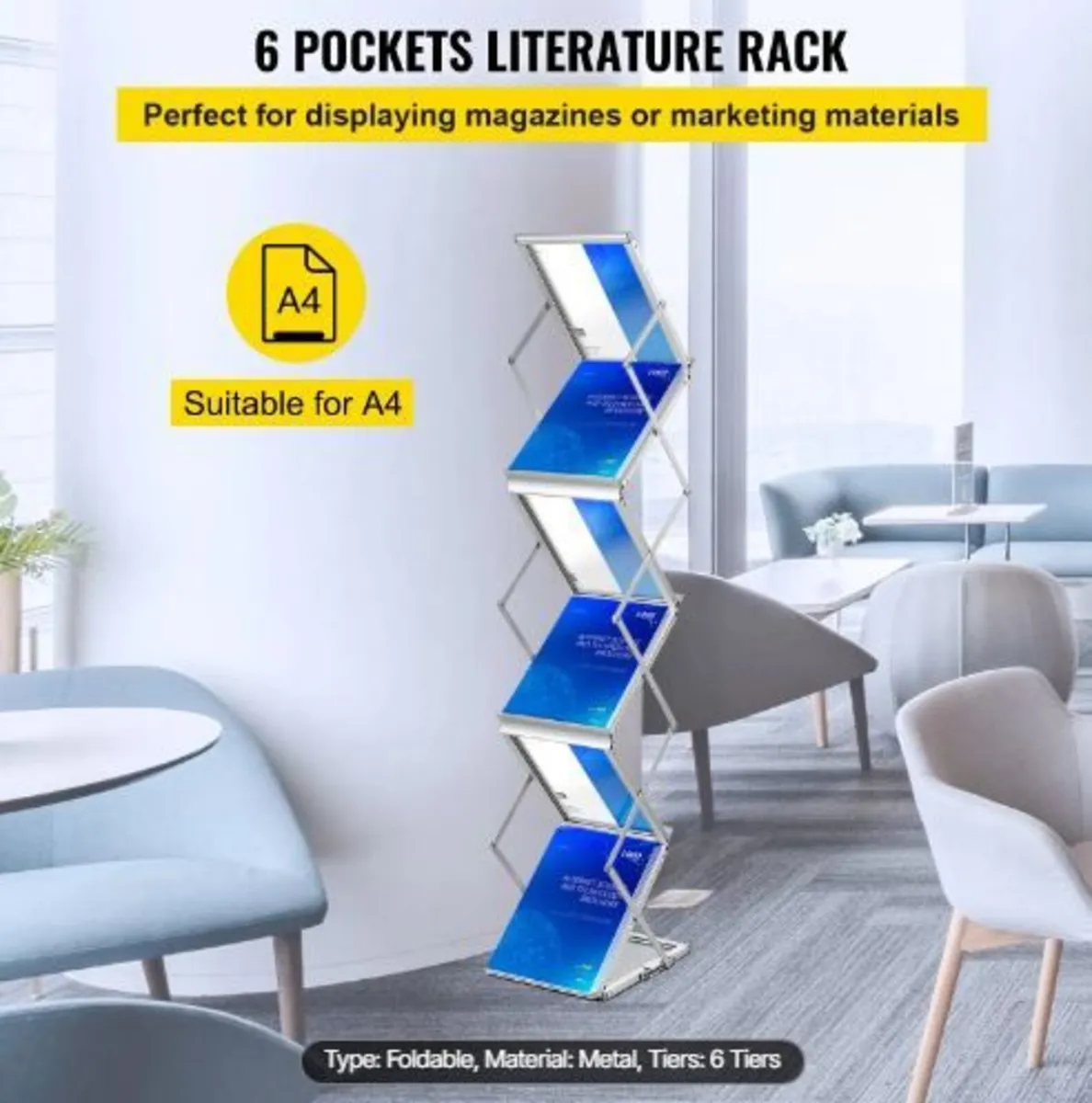 Foldable Magazine Display Rack, 6 Pockets - Image 2