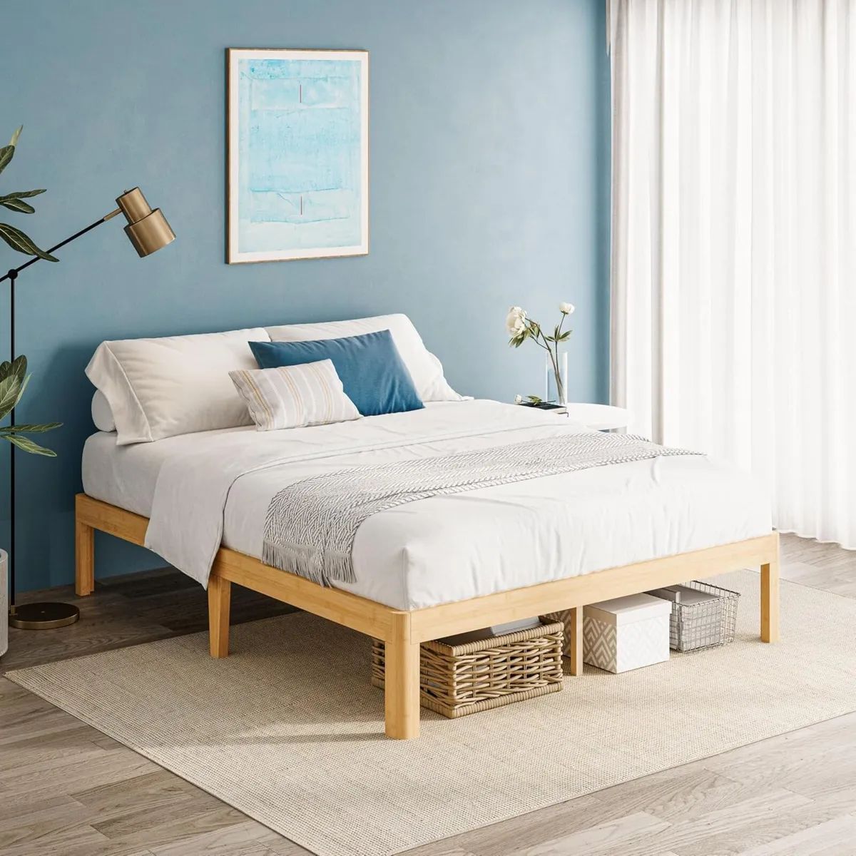 Bamboo Wood Bed Frame with Metal Slats Support - Image 1