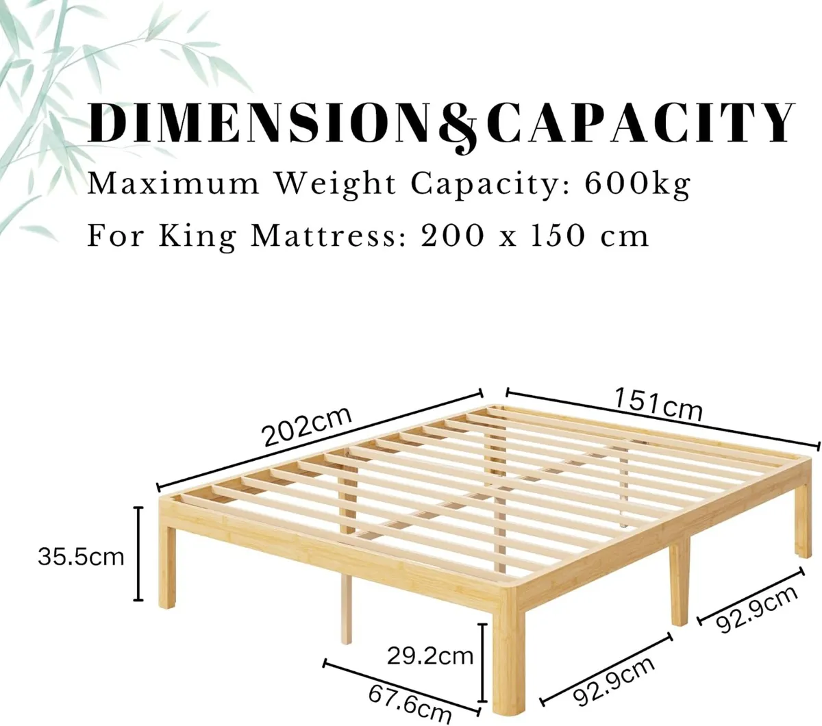 Bamboo Wood Bed Frame with Metal Slats Support - Image 2