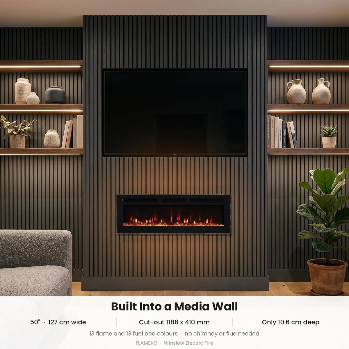 50" Media Wall Electric Fire Mounted Fireplace - Image 2