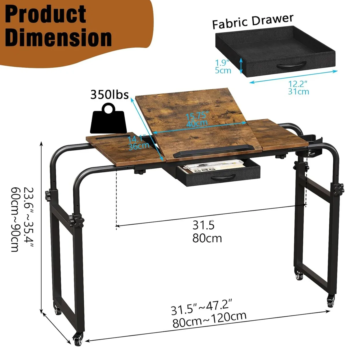 Overbed Desk with Wheels Adjustable Rolling - Image 2