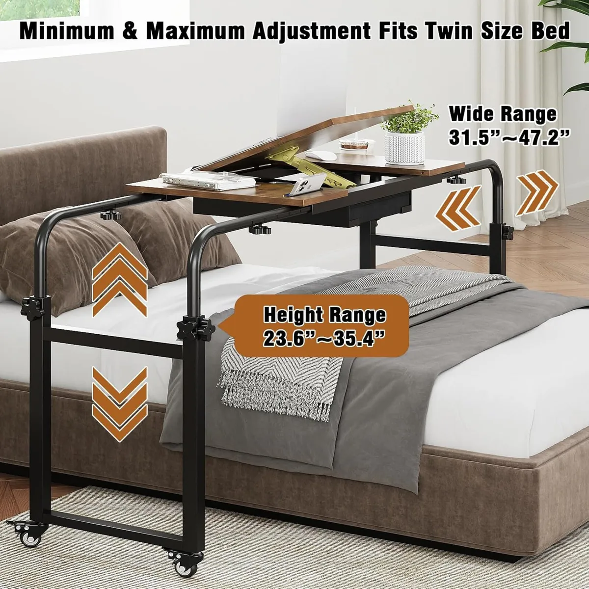 Overbed Desk with Wheels Adjustable Rolling - Image 3