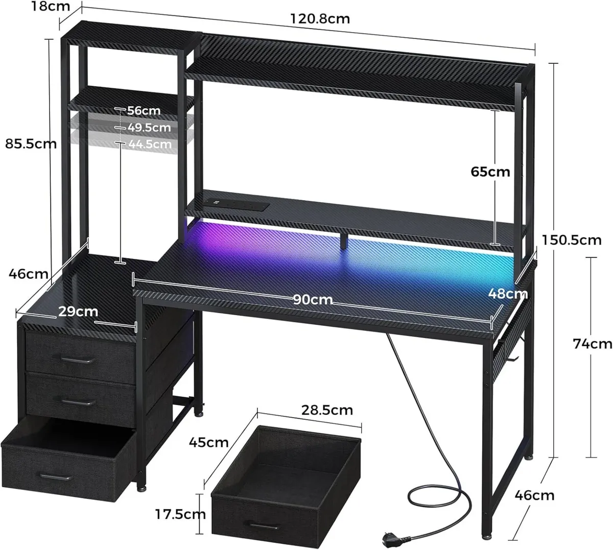 Gaming Desk with LED Lights Display Shelves Carbon - Image 3