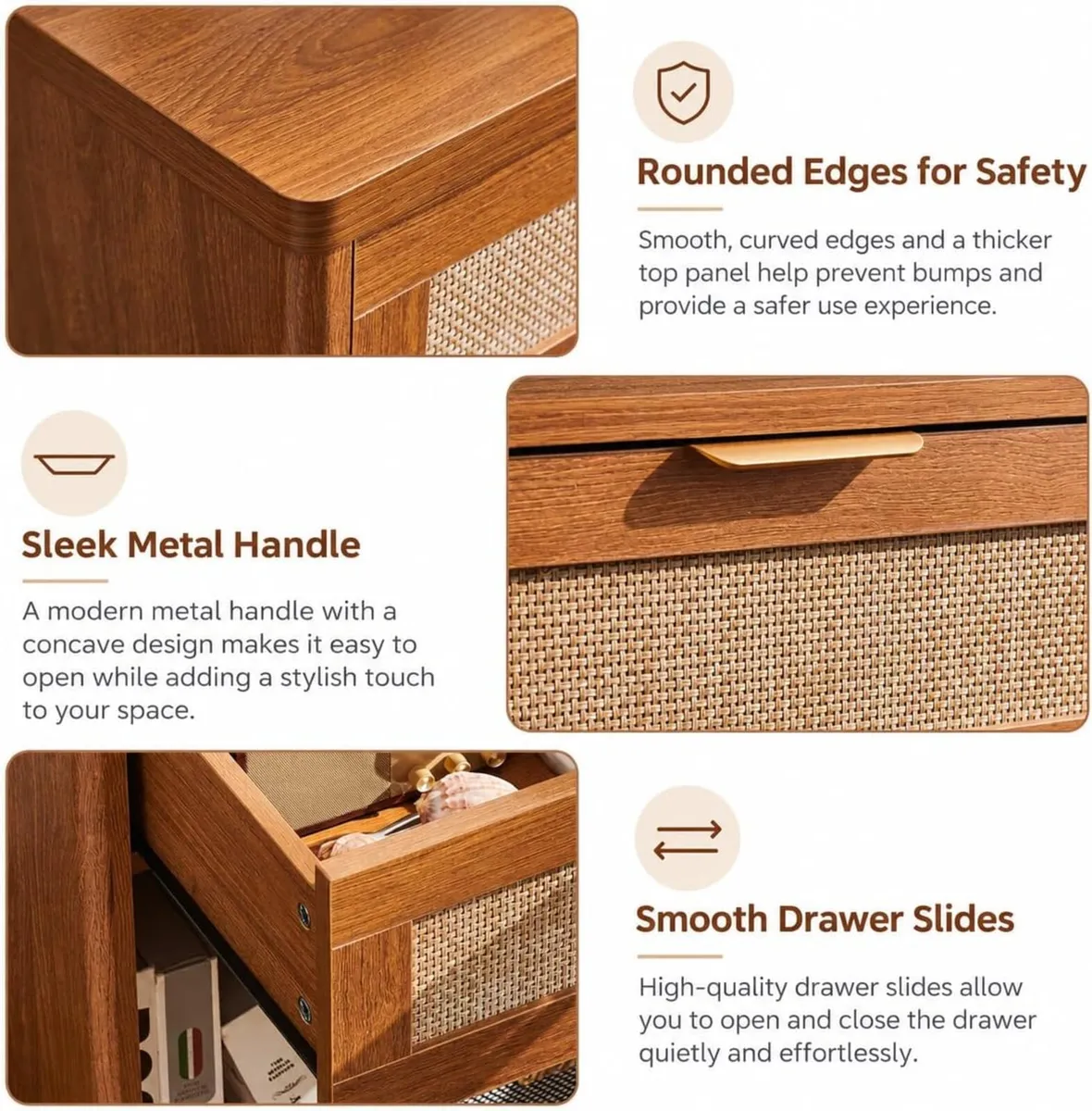 Rattan Bedside Table Farmhouse Side with 1 Drawer - Image 3