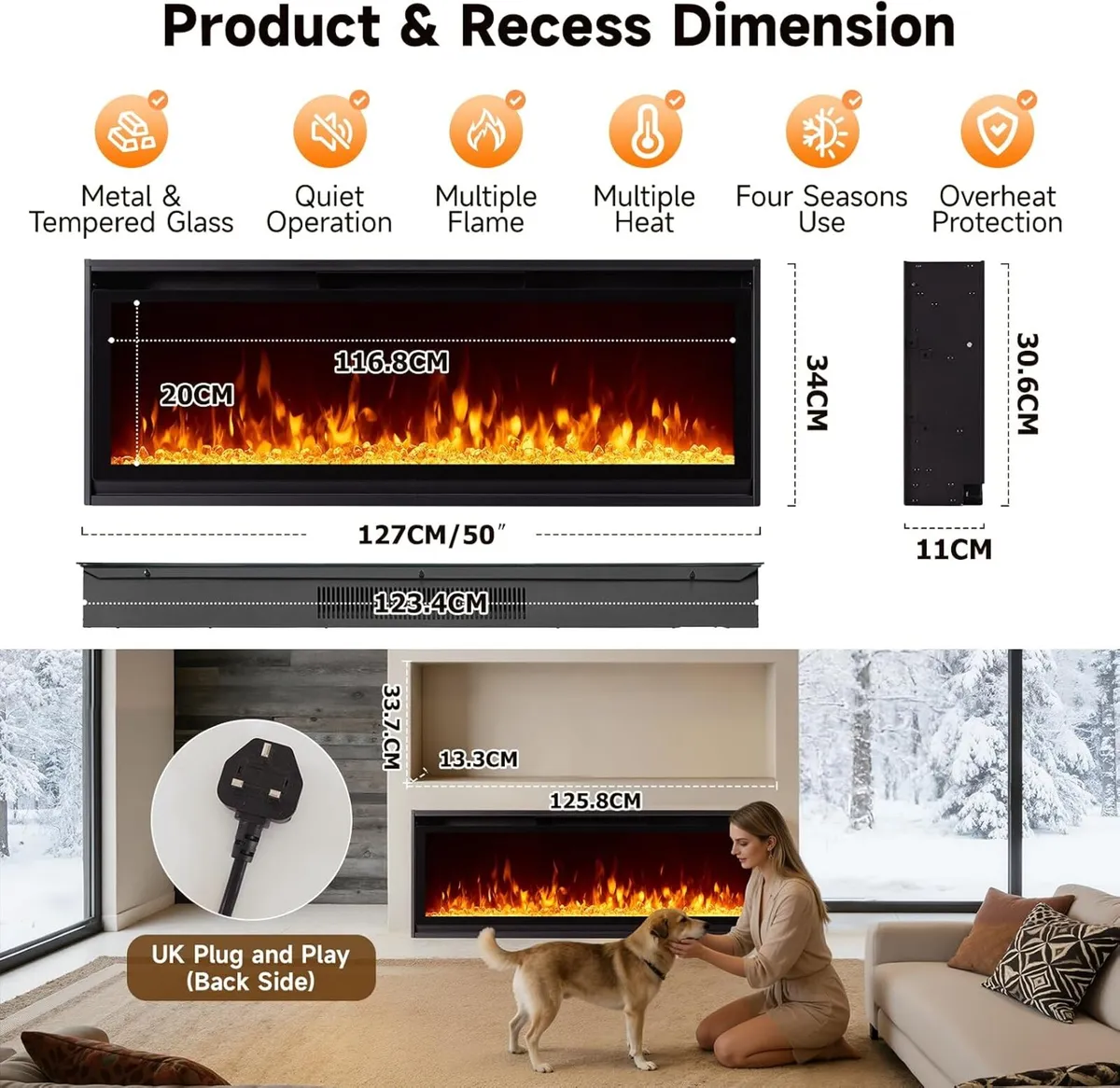 Electric Fire 50 Inch 127CM Recessed Wall Mounted - Image 2