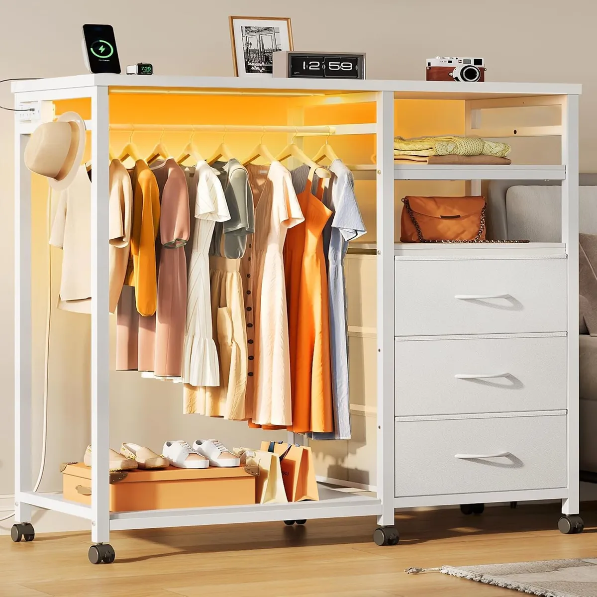 Chest of Drawers with LED Charger Fabric Open - Image 1