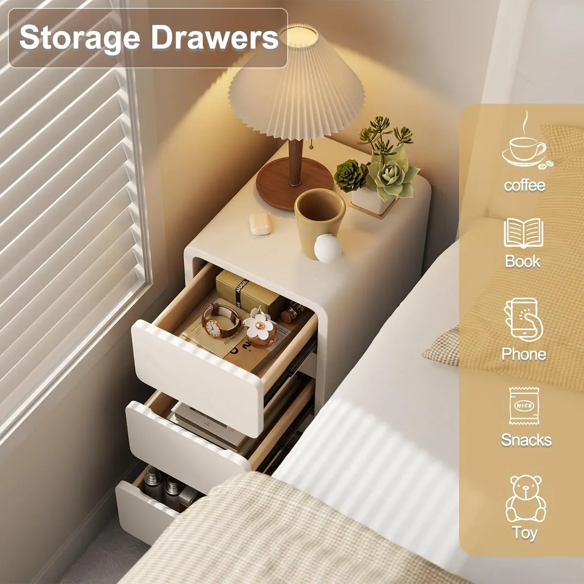 Small Bedside Table Slim with 3 Drawers Assembled - Image 3