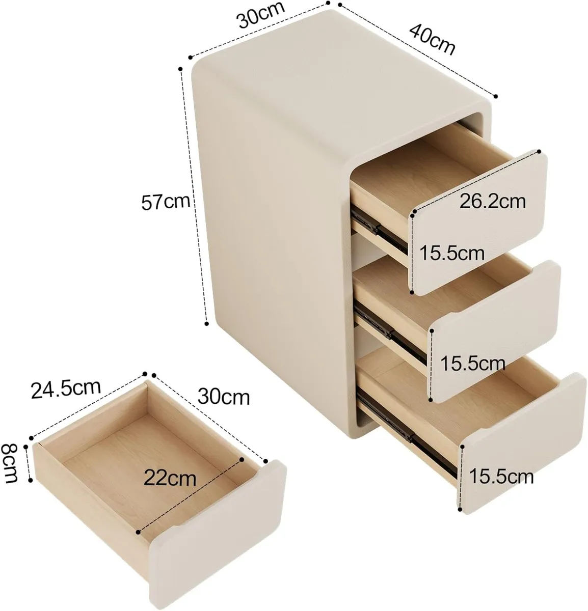 Small Bedside Table Slim with 3 Drawers Assembled - Image 2