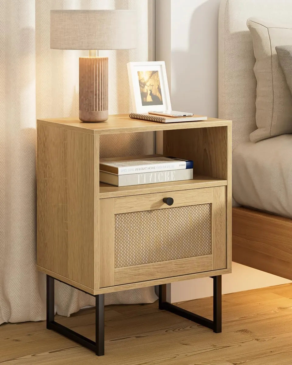 Boho Bedside Table Night Stand Rattan Wood - Image 1