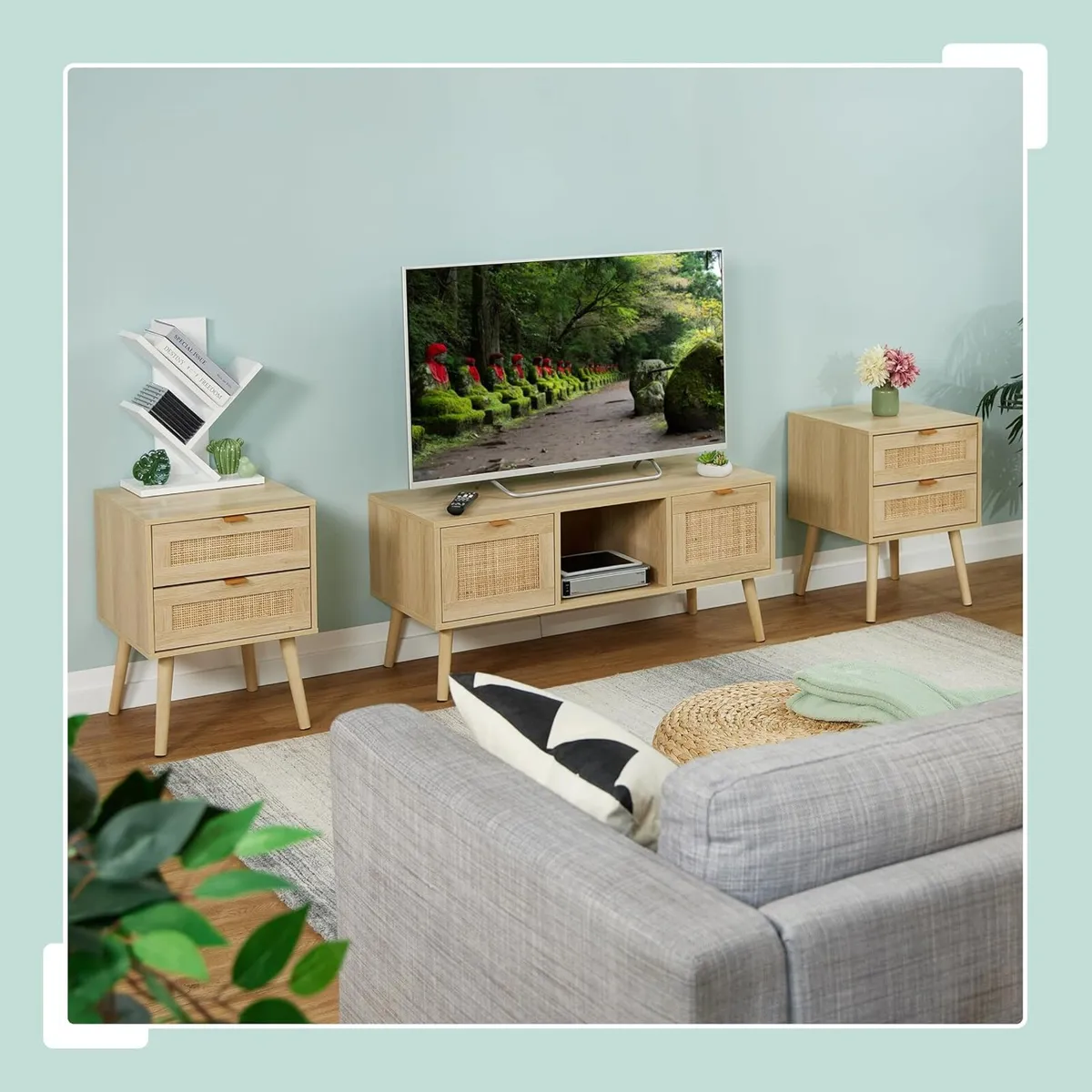 Bedside Table Doppel-Pack with Rattan Drawers - Image 2