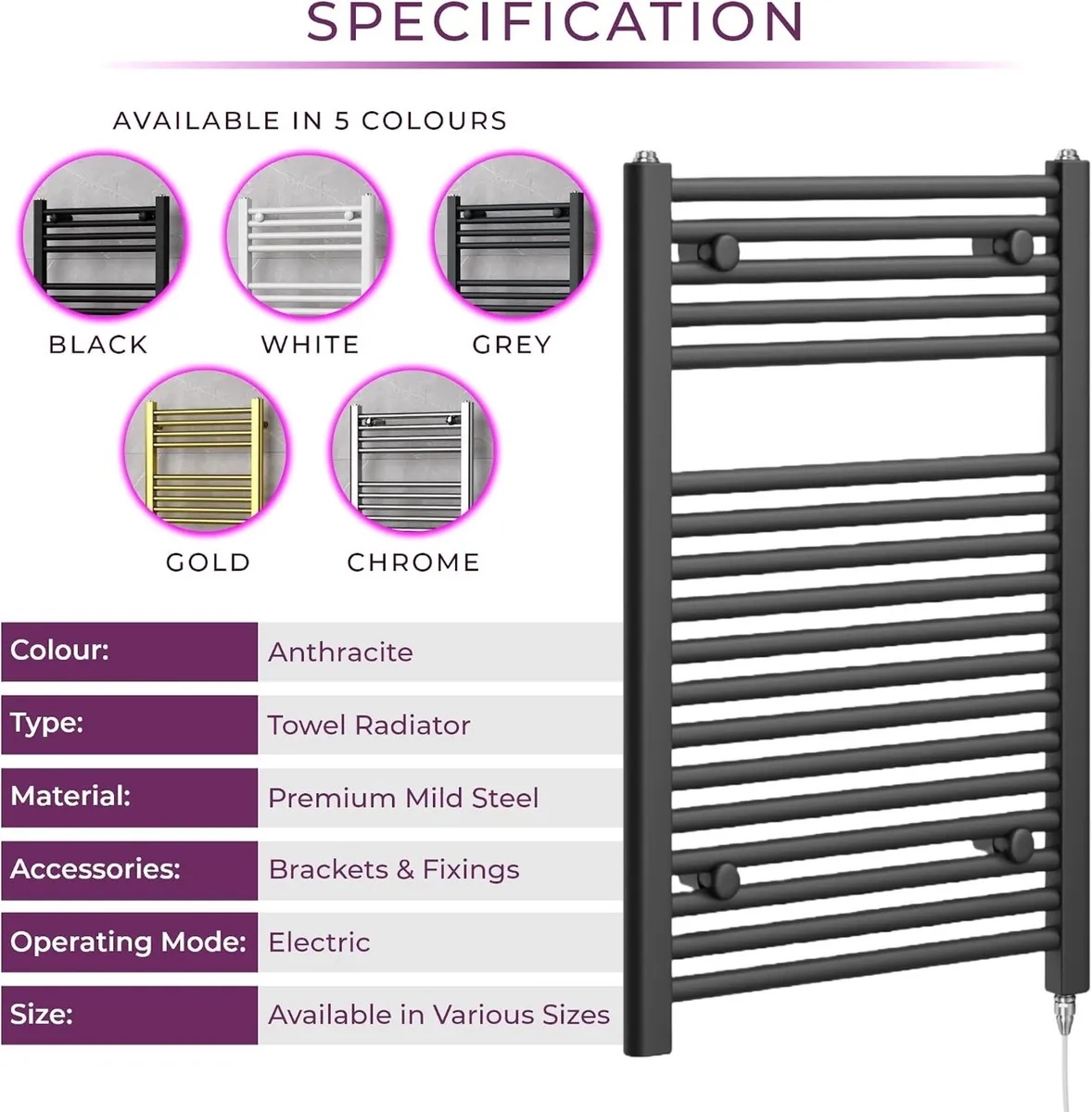 Newark Electric Heated Towel Rail Wall Mounted - Image 4