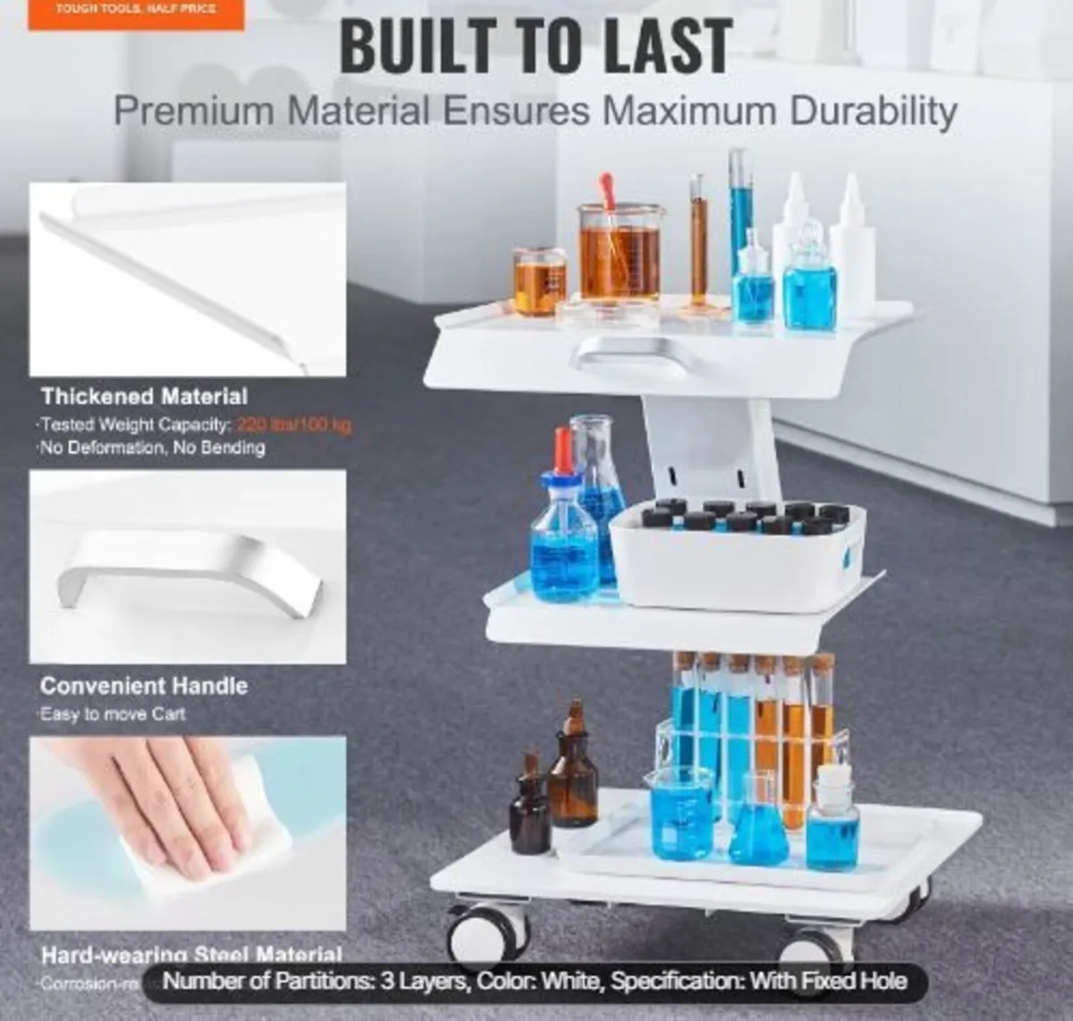 Lab Trolley, 3-Layer Rolling Lab Cart - Image 2