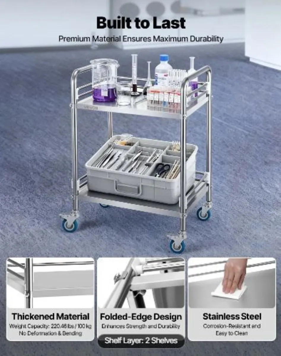 Stainless Steel Cart, 2-Tier Rolling Lab Utility - Image 2