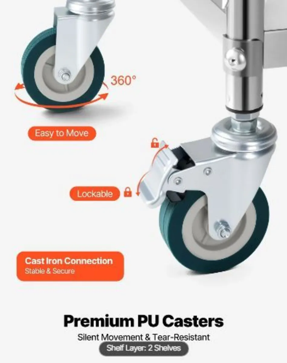 Stainless Steel Cart, 2-Tier Rolling Lab Utility - Image 4