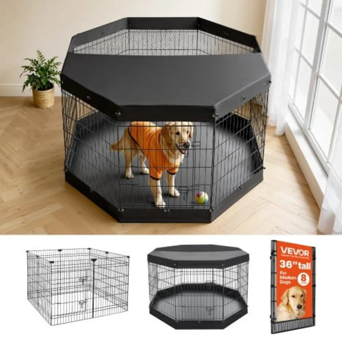 Dog Playpen 91 cm 8 Panels Exercise Pen with Top C - Image 1