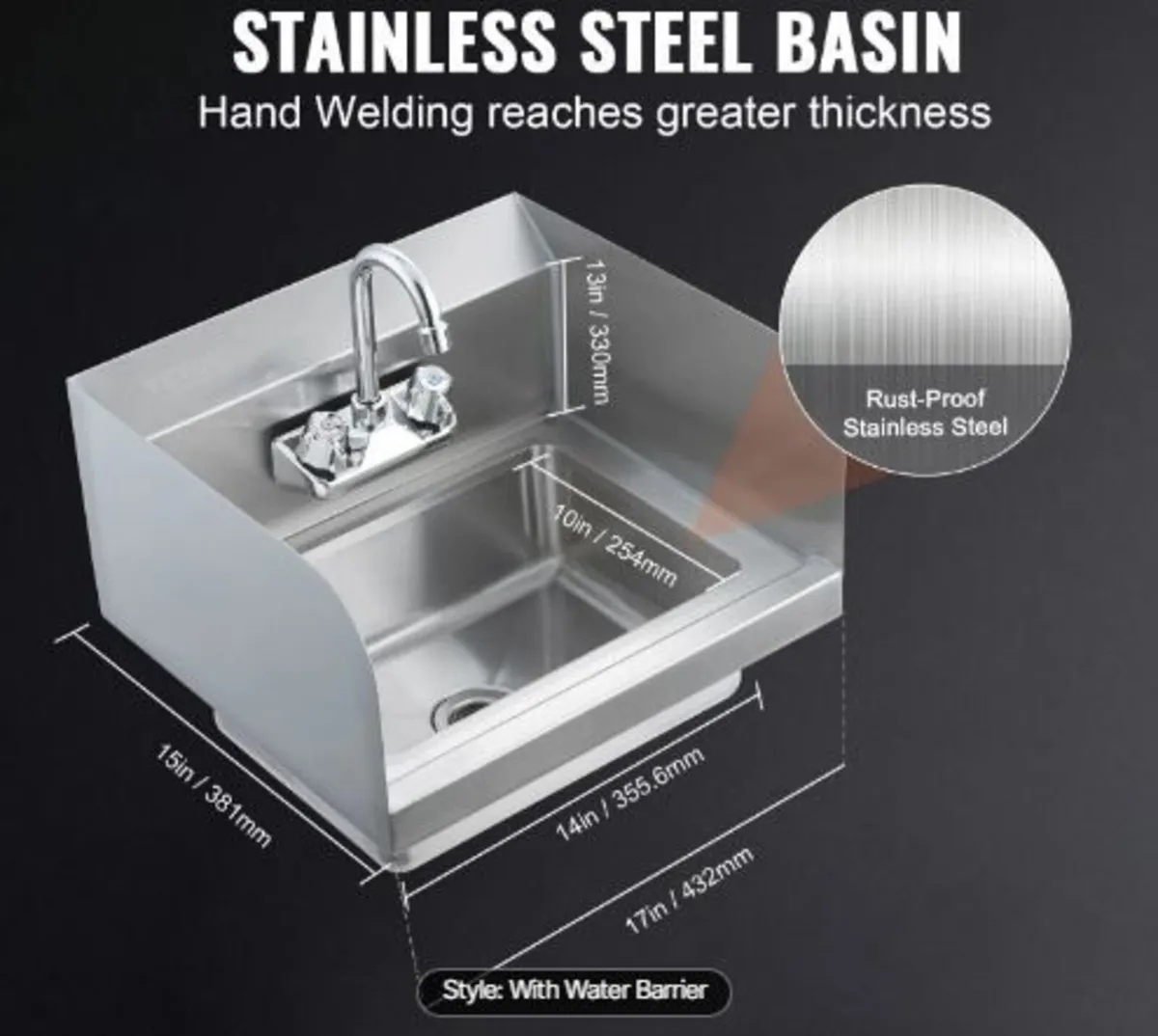 Commercial Hand Sink with Faucet and Side Splash - Image 2