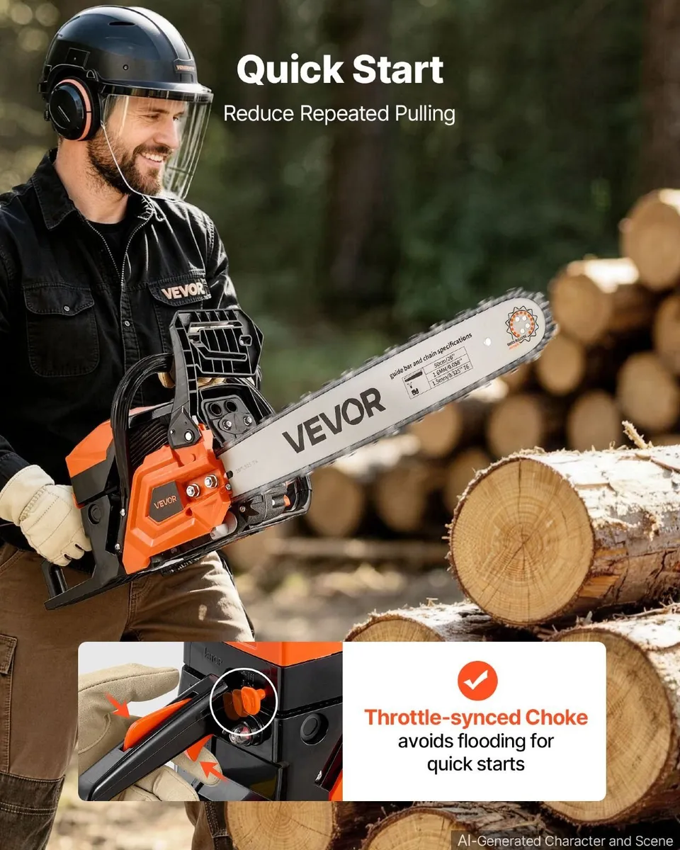 62cc Petrol Chainsaw, 20in Bar, 2-Stroke - Image 3