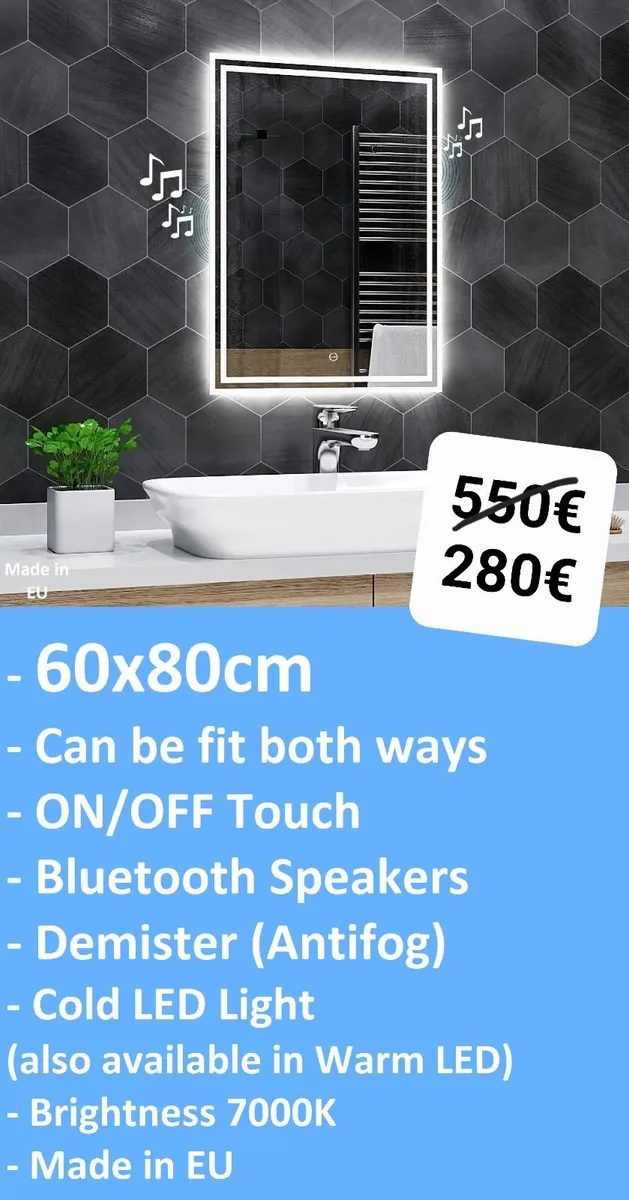 LED Bathroom Mirror Bluetooth Speakers Music - Image 1