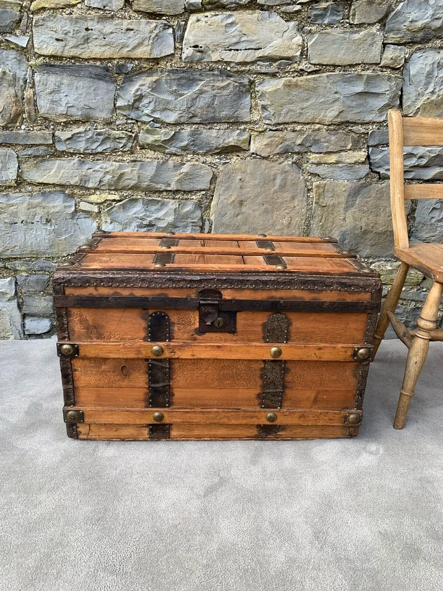 Late Victorian antique metal bound wooden chest. - Image 1