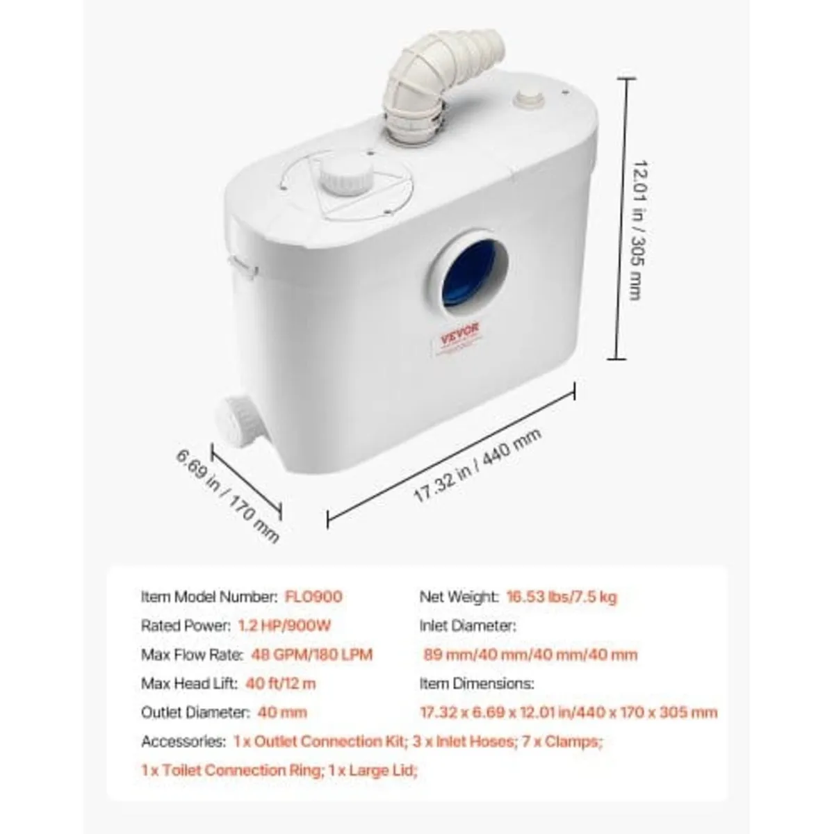 Macerator Pump, 900W, 180 L/min(48 GPM) Flow, 40 f - Image 4