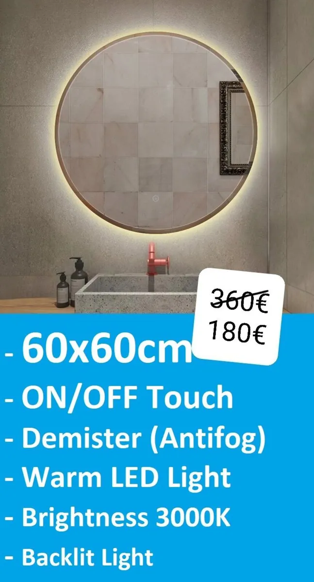 LED Bathroom Mirror Round 60cm Fog Free Demister - Image 1