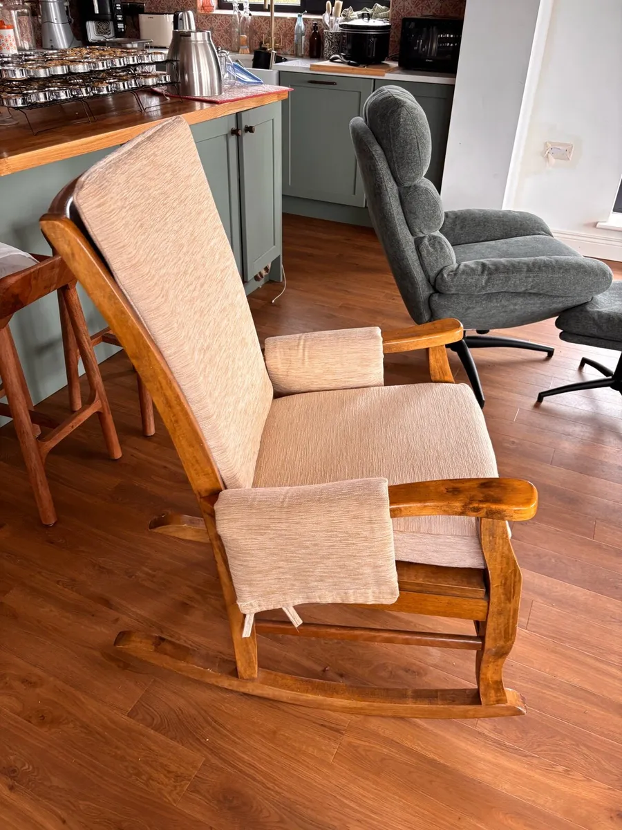 Vintage Wooden Rocking Chair - Cream Cushions - Image 2