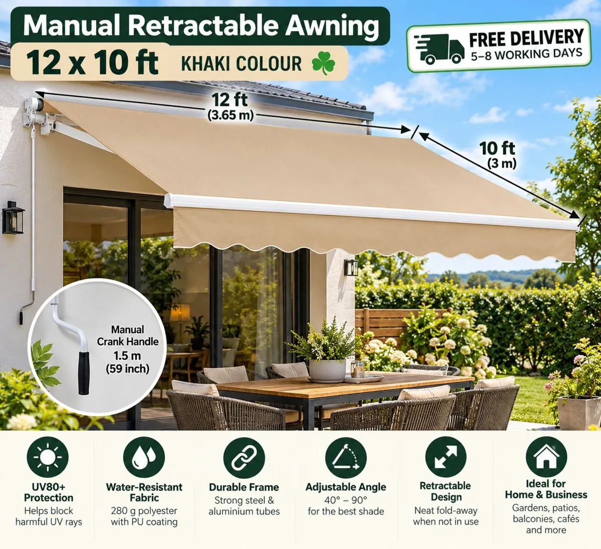 Manual Retractable Awning, 12 x 10 ft Outdoor Pati - Image 1