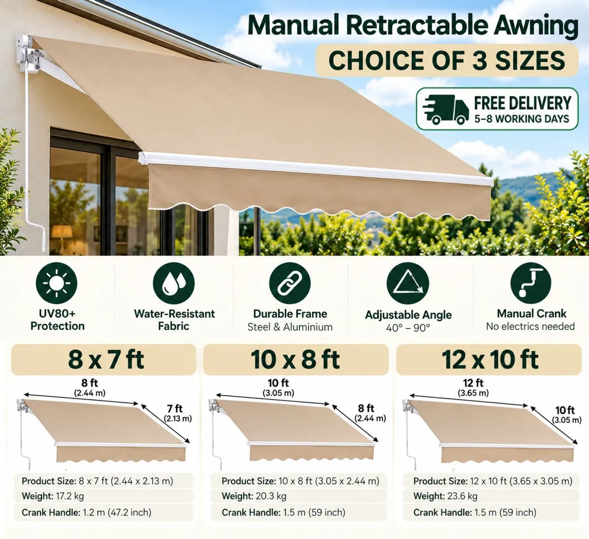 Manual Retractable Awning, 12 x 10 ft Outdoor Pati - Image 3