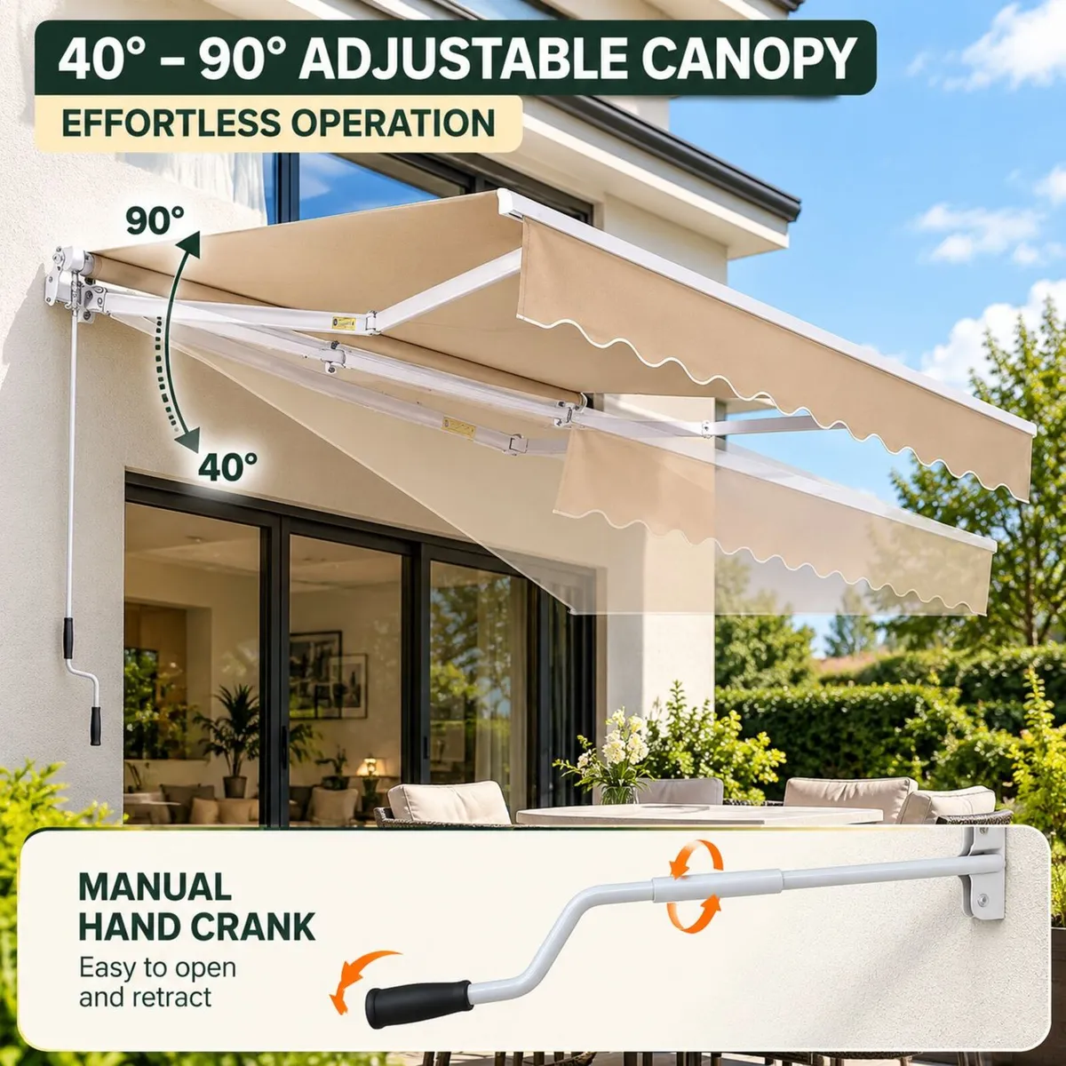 Manual Retractable Awning, 12 x 10 ft Outdoor Pati - Image 4