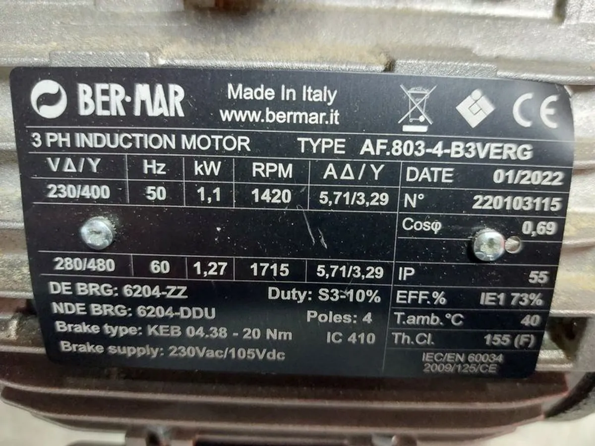 BER-MAR 1.1kW 3 Phase Brake Motor Working Spares o - Image 2