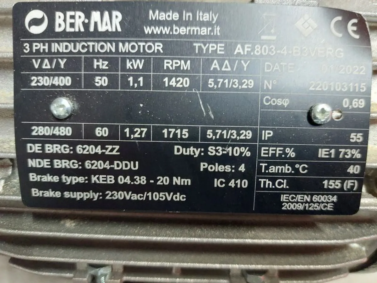 BER-MAR 1.1kW 3 Phase Brake Motor Working Spares o - Image 3