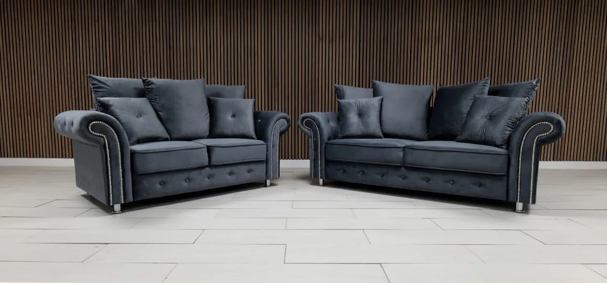 Olympia 3+2+1 Grey & Cream Fabric Recliner Sofa - Image 1