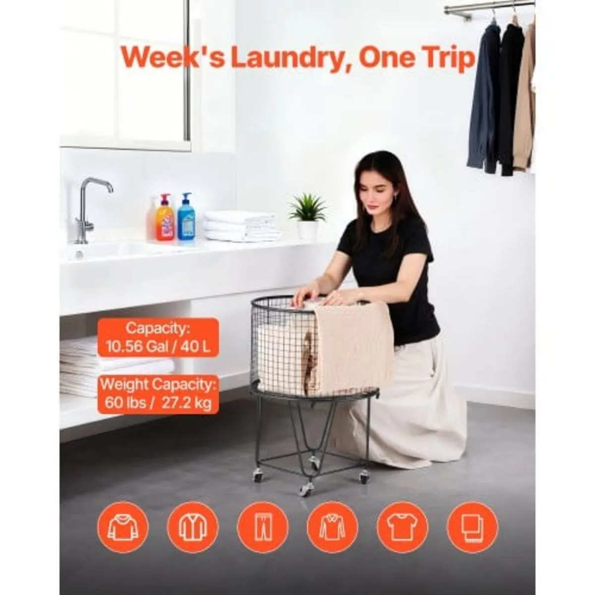 Laundry Cart, Rolling Round Grocery Utility Cart w - Image 3