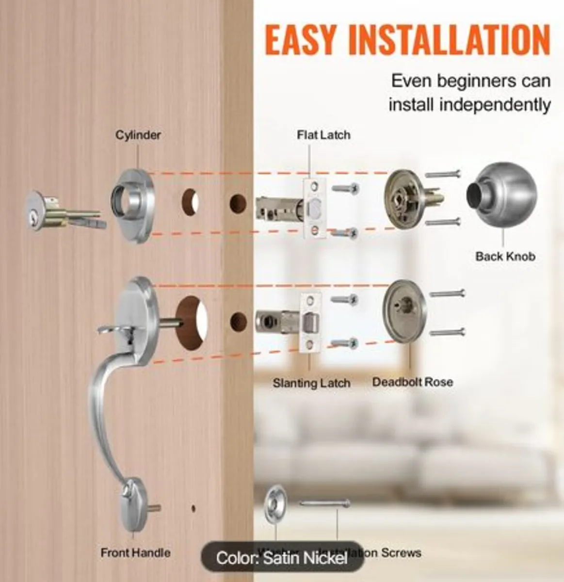 Front Door Handle and Deadbolt Set, Satin Nickel - Image 3