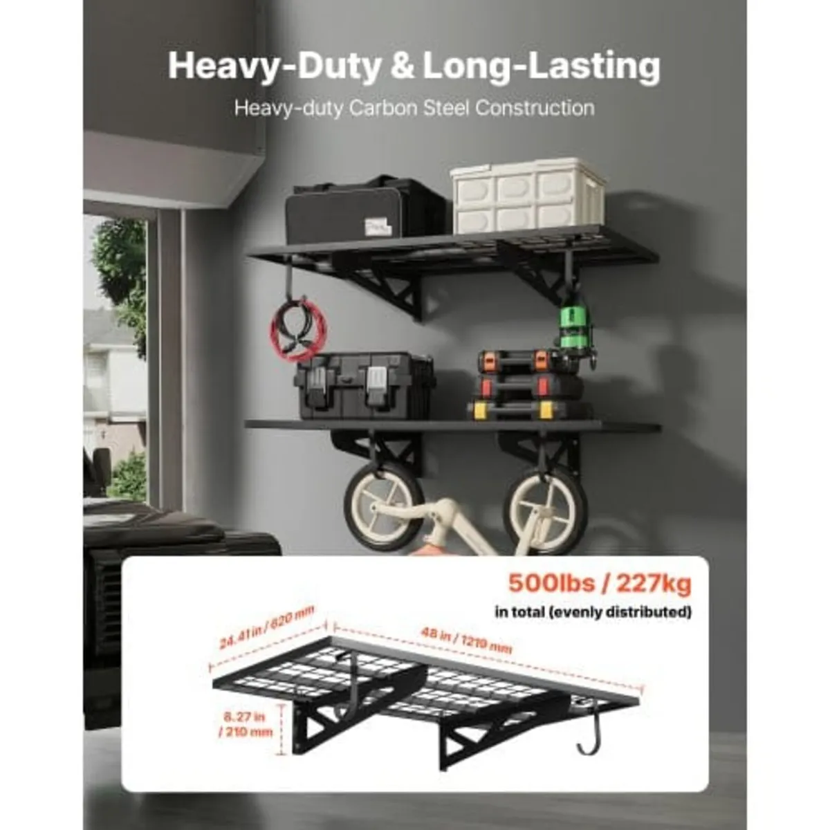 2-Tier Heavy Duty Wall Garage Shelving, 610 x 1219 - Image 2