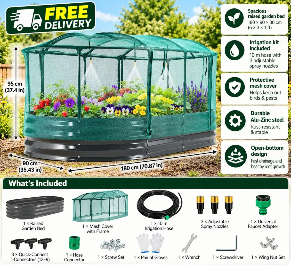 6ft Galvanised Raised Garden Bed with Mesh Cover - Image 2