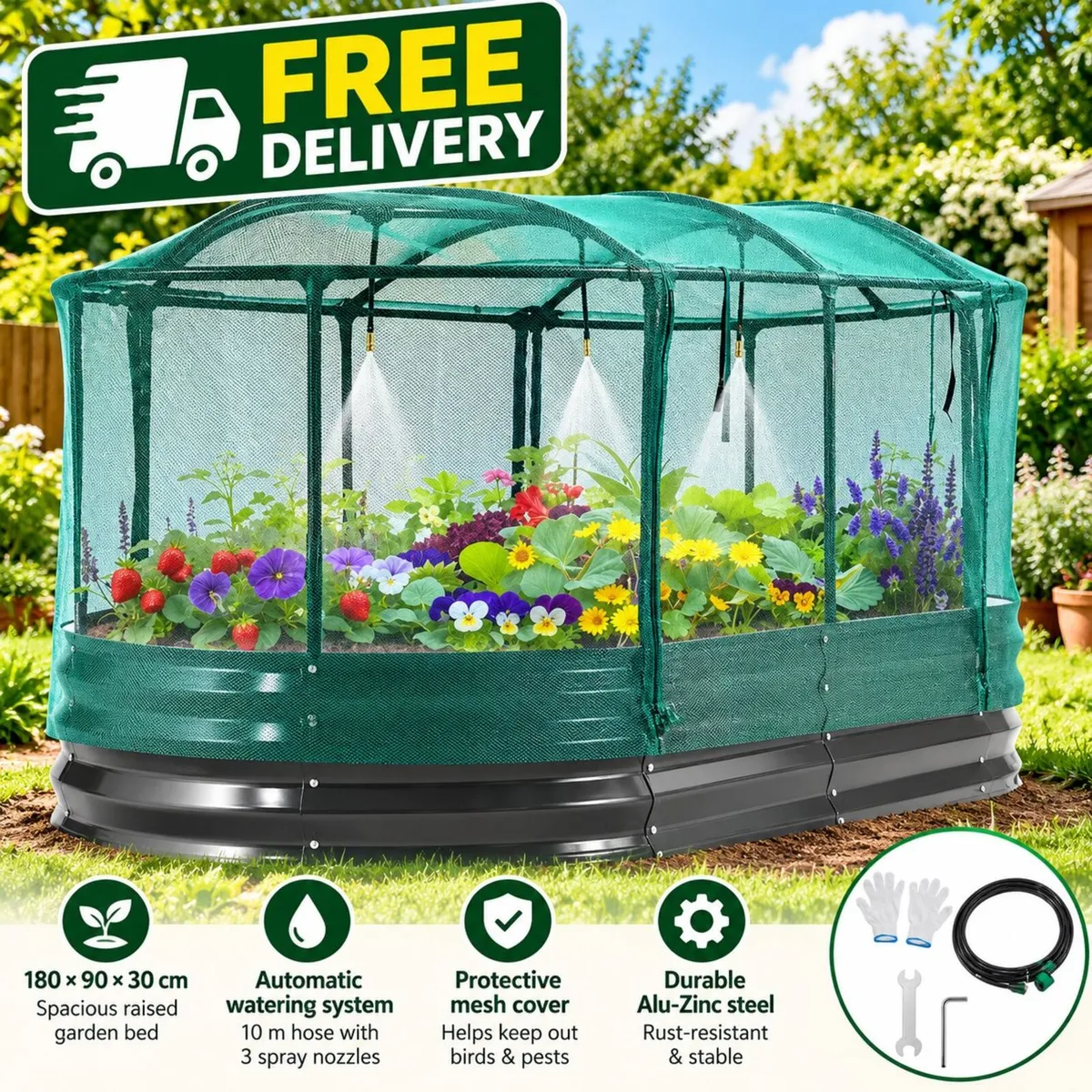 6ft Galvanised Raised Garden Bed with Mesh Cover - Image 3