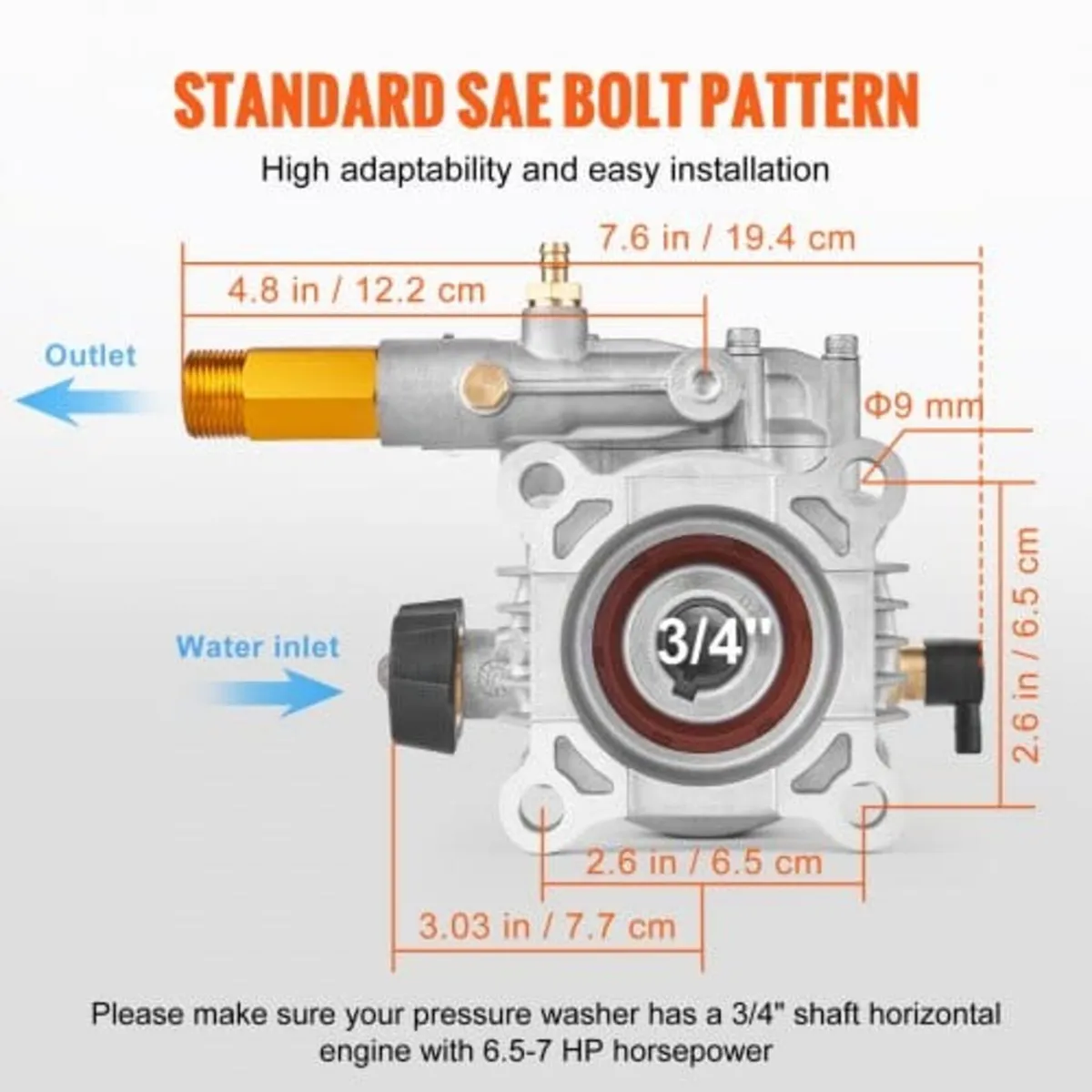 Pressure Washer Pump, 19 mm Shaft Horizontal, 3400 - Image 3