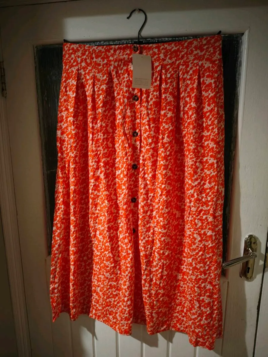 Asos Printed Crepe Midi Skirt features an orange d - Image 1