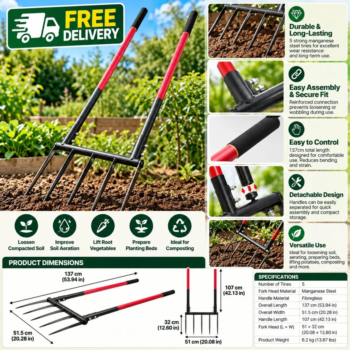 Heavy-Duty Garden Broadfork 5-Tine Steel Digging F - Image 3